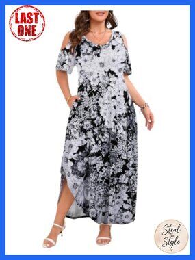 Plus Size Maxi Dress Cold Shoulder V-Neck Side Split Pockets Beach Vacation